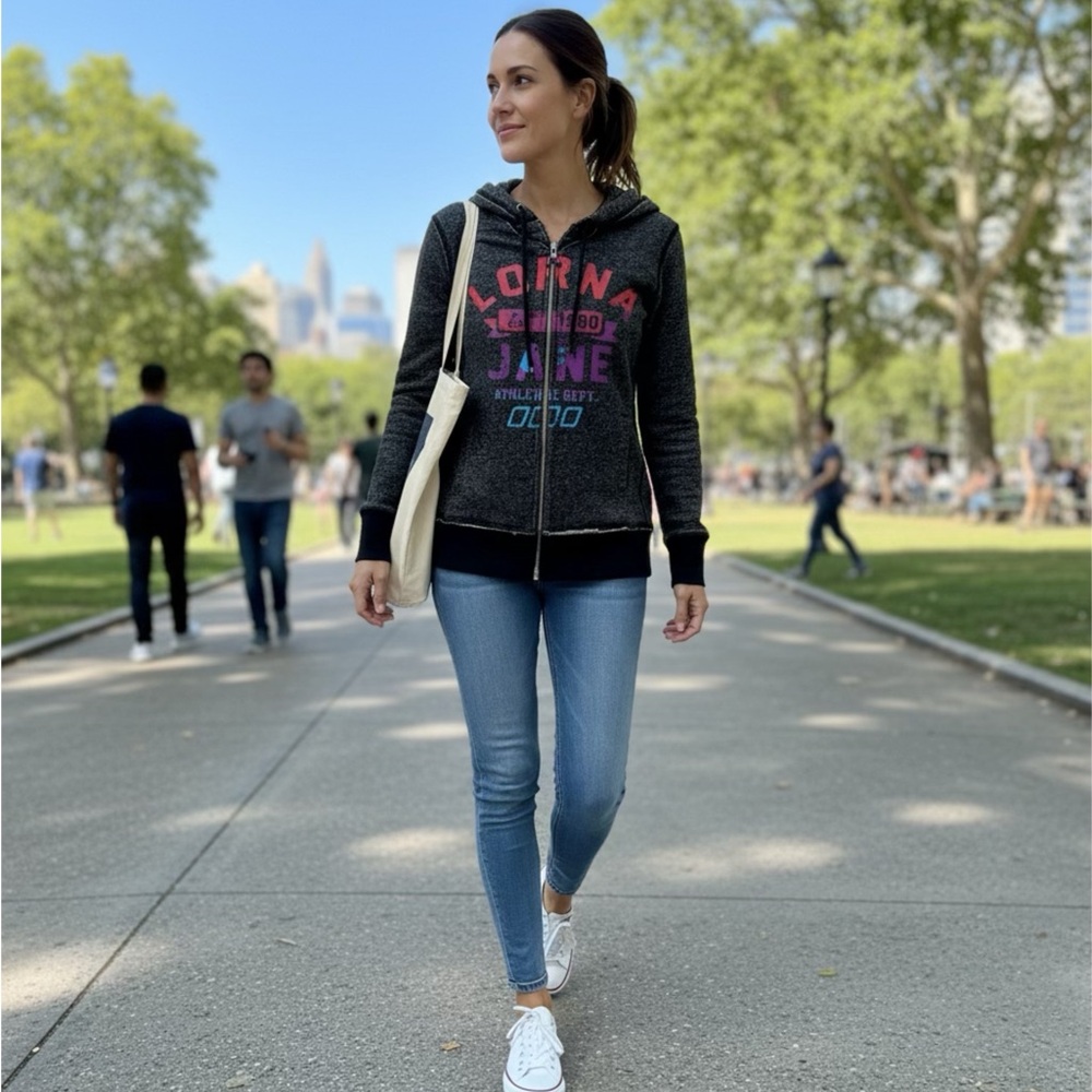 👩🏼‍🎤 NWT Lorna Jane Zip-Up Hoodie~Women’s Sz Sm~Charcoal & Black~Bright Logo - Picture 6 of 9